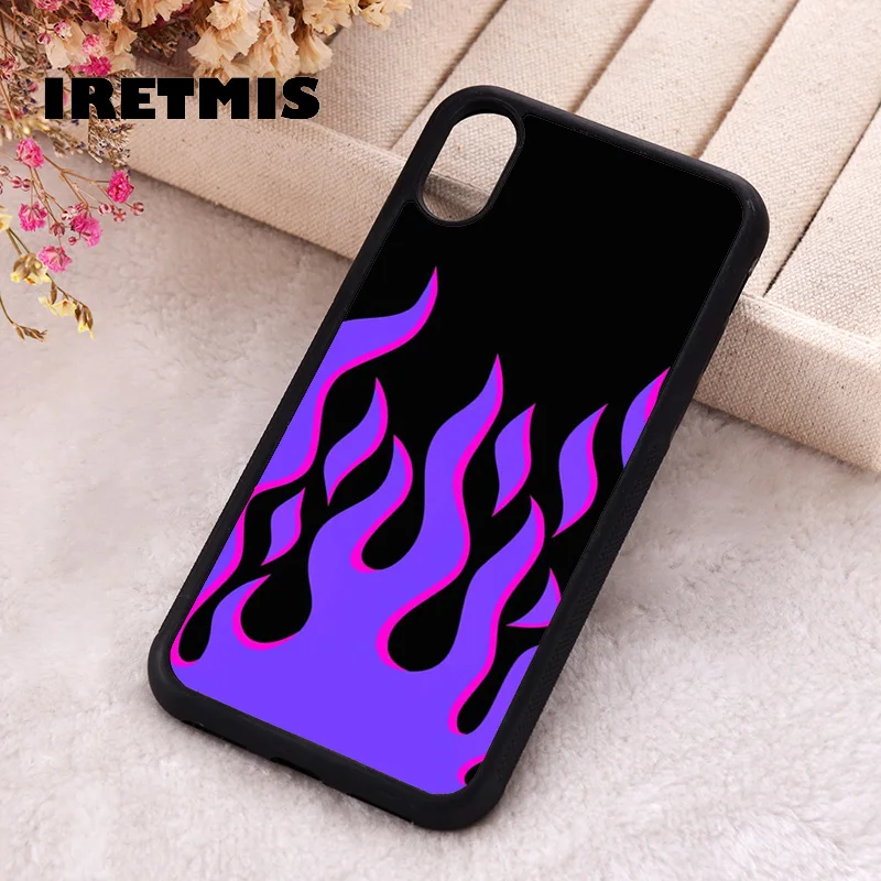 Iretmis Phone Cover Case For iPhone X XS Max XR 11 12 13 PRO MINI 14 15 16 Plus Rubber Silicone Purple + Pink Flames