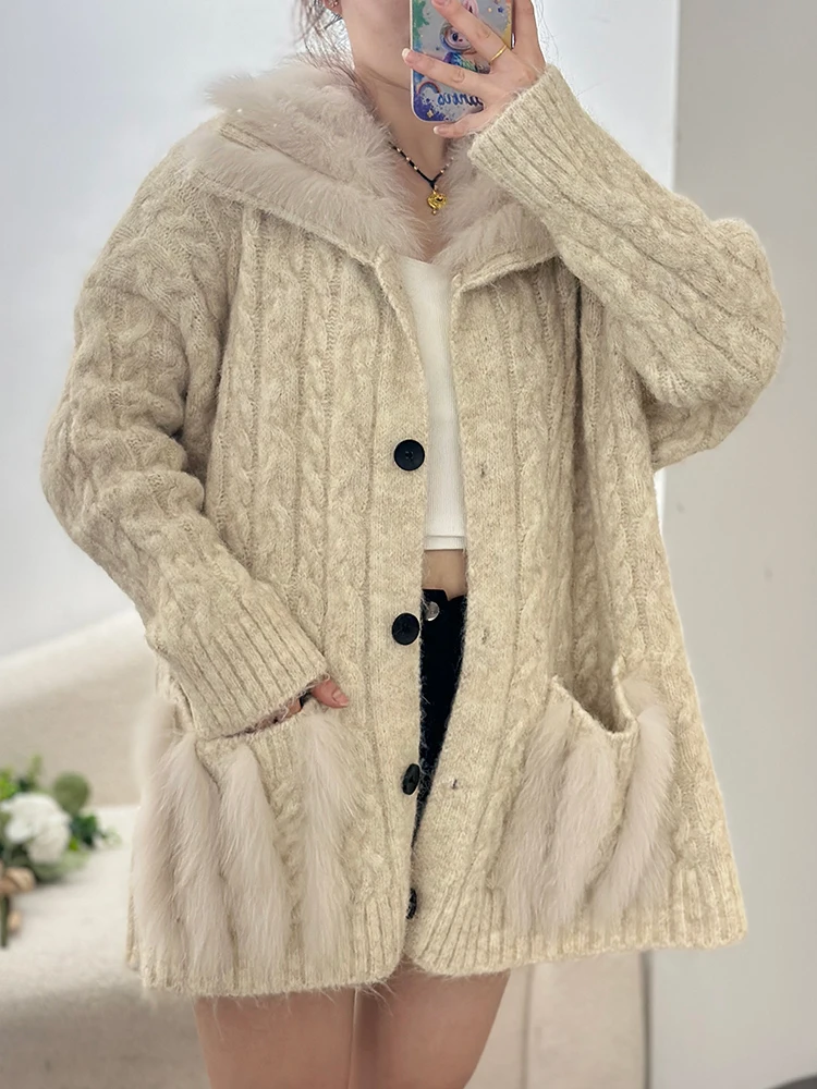 Nuovo autunno inverno abbigliamento lavorato a maglia donna sciolto vera pelliccia di volpe giacca moda maglieria cardigan oversize maglione femminile