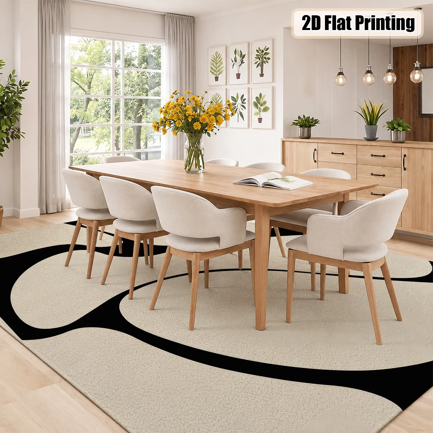 Large Indoor Area Rug, Soft Velvet Low Pile Non-slip Dotted Backing, Machine Washable Modern Abstract Black Beige Organic Pattern, Ideal for Living Room and Bedroom Home Decor - view 5
