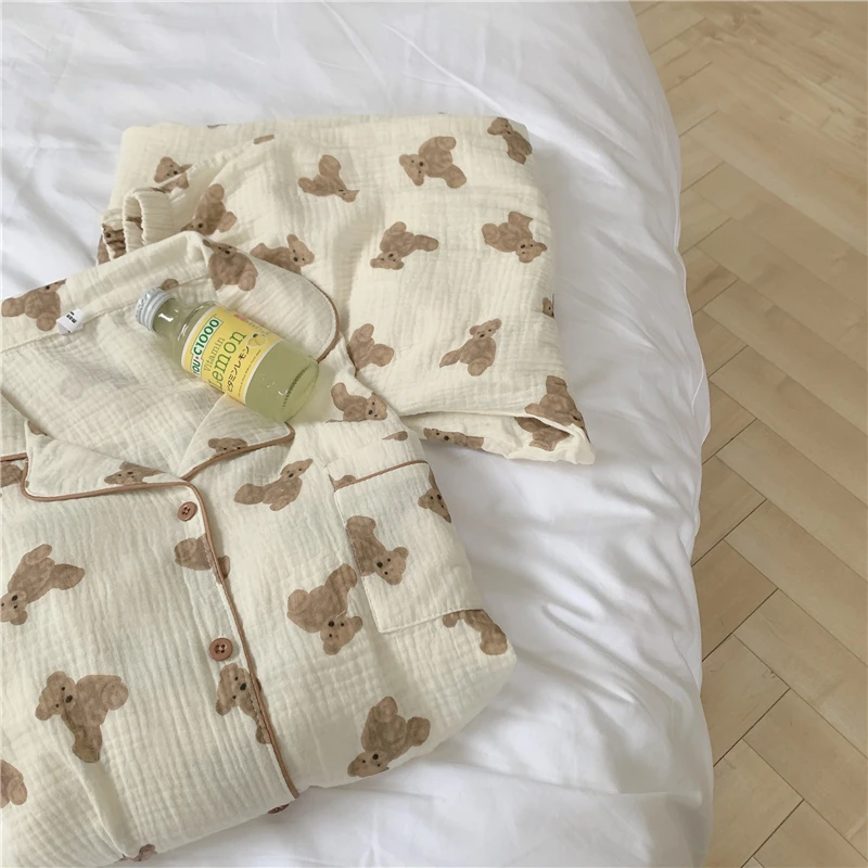 Cartoon Bear Print Autumn Home Suit Women Cotton Korean Sleepwear Kawaii Single Breasted Shirts + Trousers Pajamas Set Ins