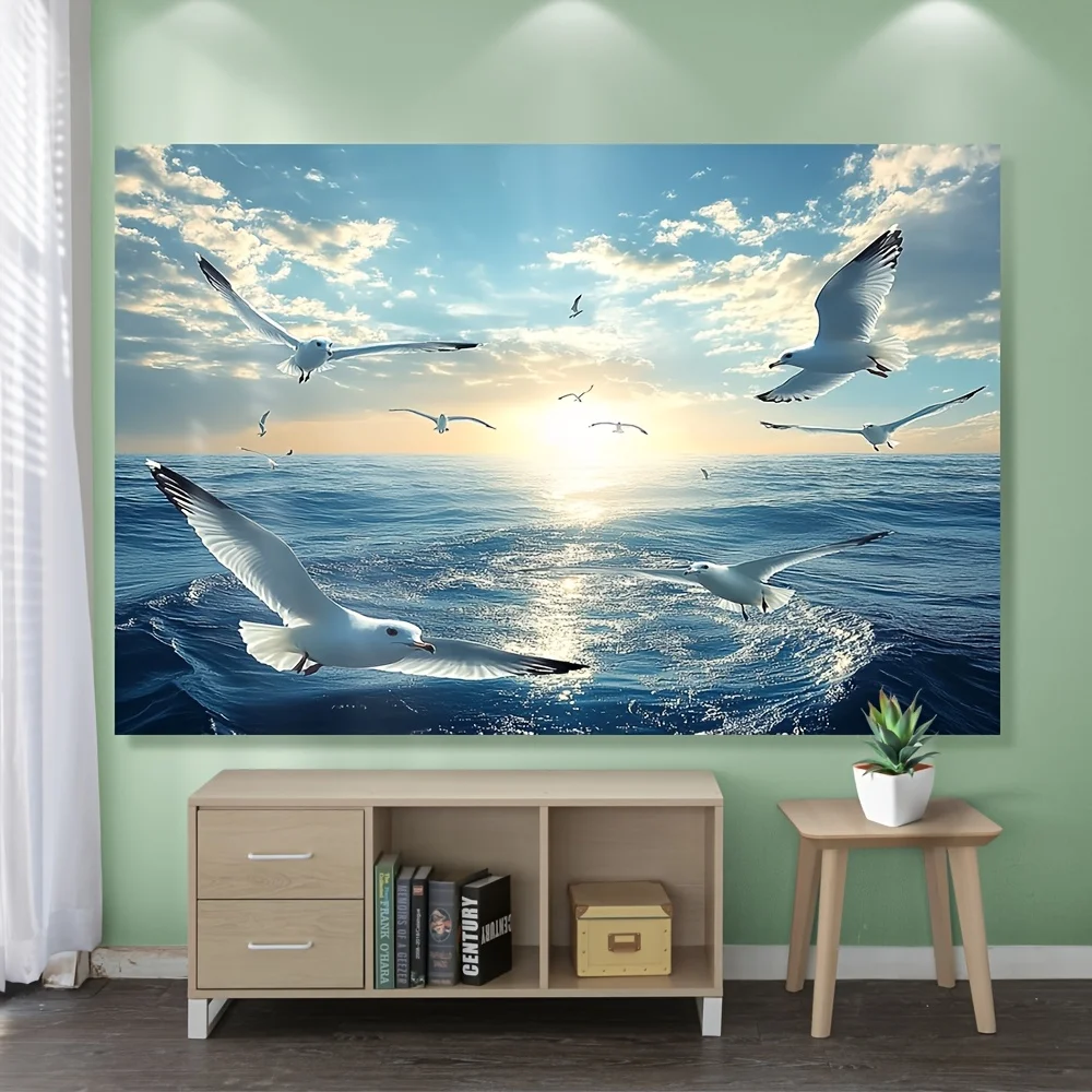 1pc Ocean Sunset Seagulls Tapestry, Polyester Fabric Wall Hanging, No Electricity Needed, Versatile Decor for General Celebratio