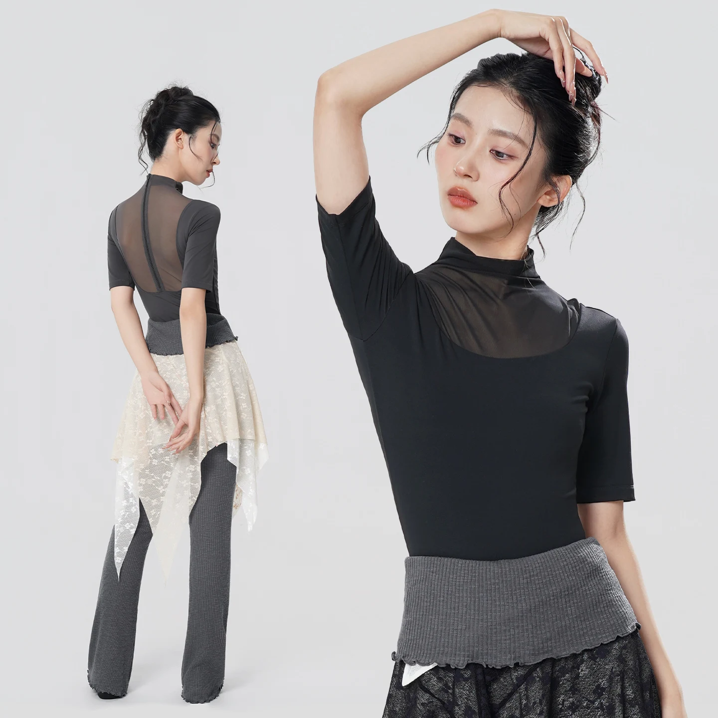 Body da balletto con colletto alla coreana da donna Body da ginnastica per adulti a mezza manica Body da ballo Body con giunture in rete ad alta elasticità