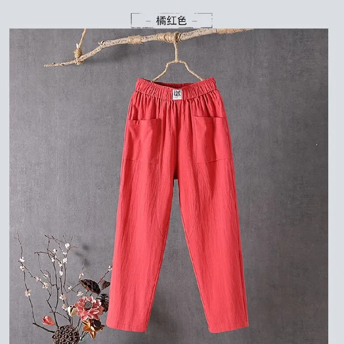 Cotton and Linen Casual Pants For Women Korean Style Solid Loose Straight Pants Summer Thin Nine-Point Harem Pants White Red