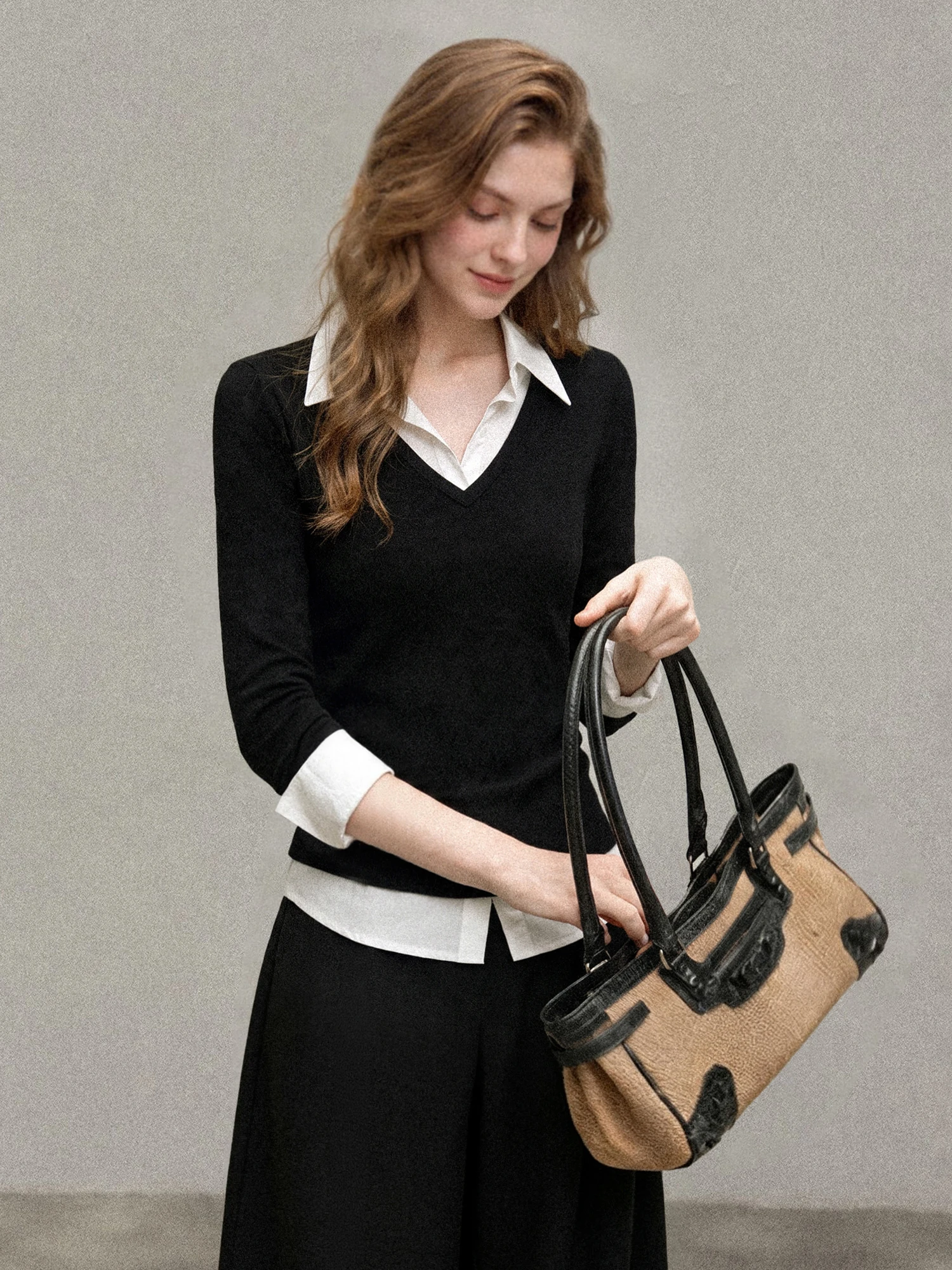Black V-Neck Long Sleeve Slim Fit Knitted Top Women's Autumn  Collar Shirt Patchwork Upper Body Fashion Commute Style
