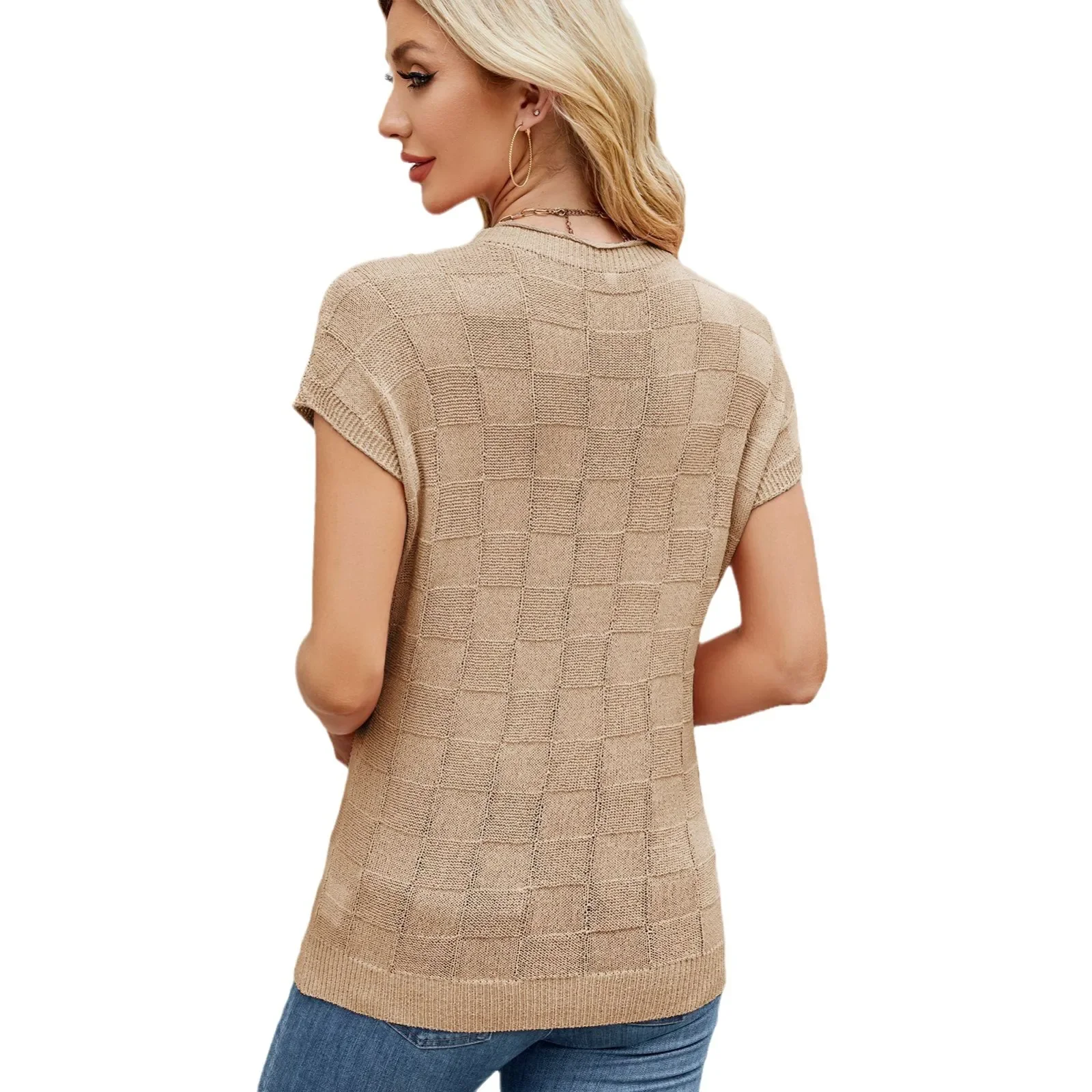 الربيع والصيف الجديدة الصلبة اللون الصغيرة متقلب متماسكة البلوز البلوزات. سترة كاجوال رفيعة برقبة دائرية وأكمام قصيرة للسيدات