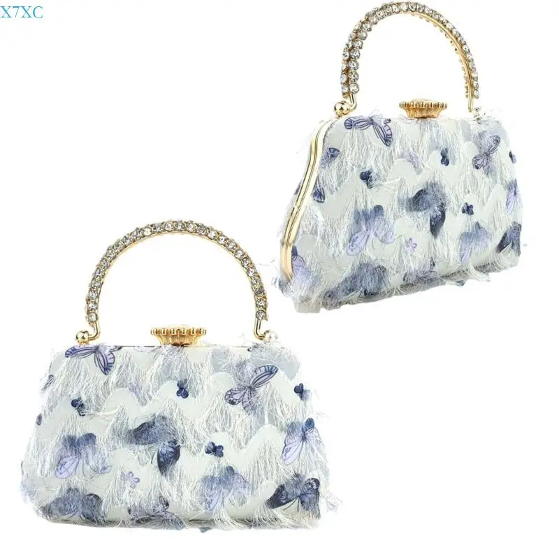 

X7XC Butterfly Tassels Evening Bag Purse Rhinestones Handbag with Detachable Chain