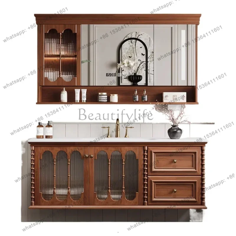 

French retro Chinese antique bathroom cabinet combination American bathroom hot bending integrated washing table
