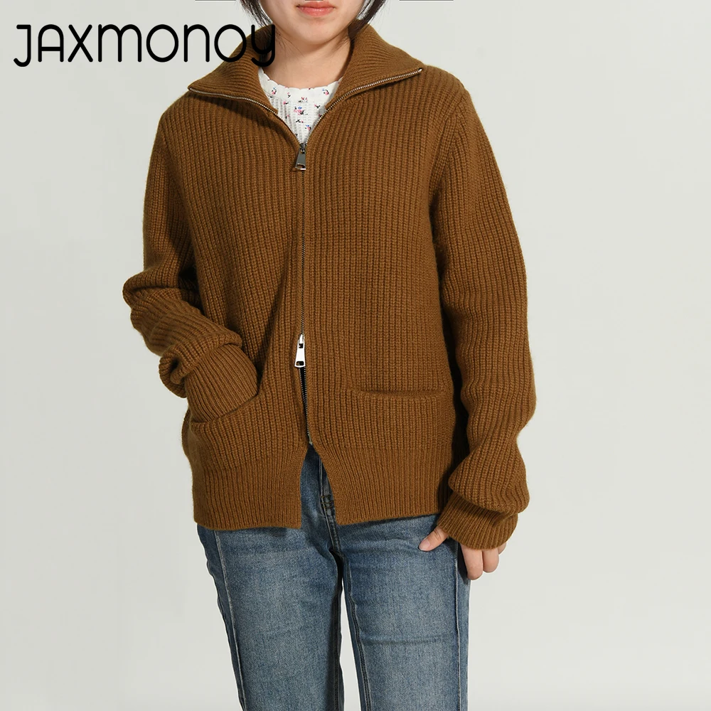 

Jaxmonoy Women's Cardigan with Zipper Ladies Fashion Trun Down Collar Sweater Autumn Solid Color Knitted Tops Female New Arrival