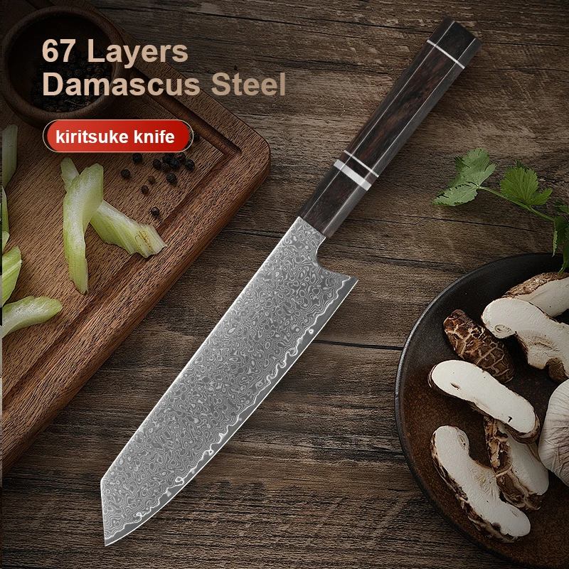 

8-inch Kiritsuke Knife Damascus Steel 67 Layer Sharp Meat Vegetable Cleaver Japanese Hand Forged Kitchen Knives Ebony Wood Handl