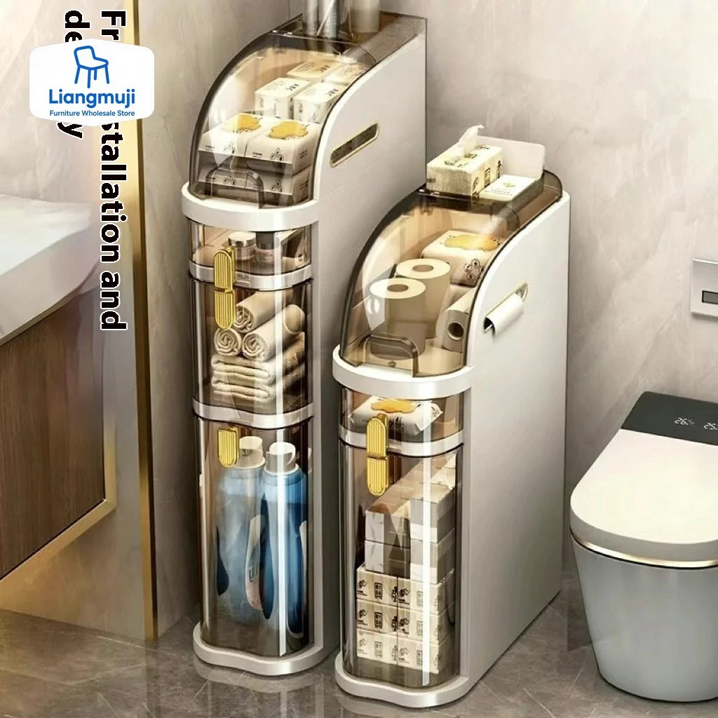 

Installationfree Narrow Gap Bathroom Storage Cabinet with Waterproof Plastic Cover Organizer Light Luxury Toilet Storage Rack