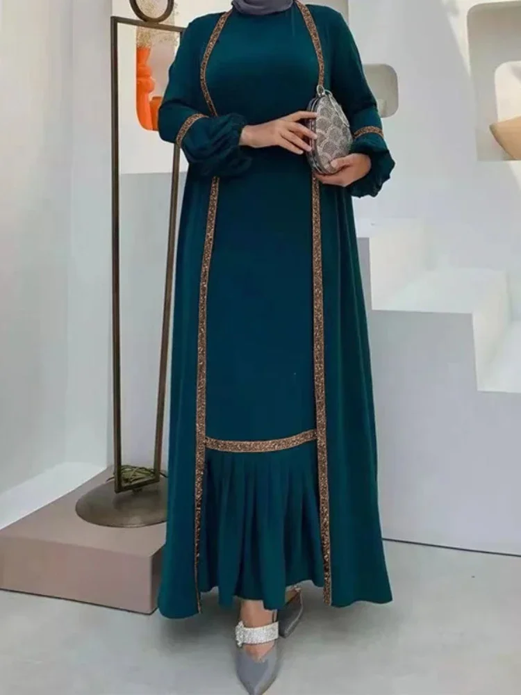 Mulheres muçulmanas vestido hijab 2 peça conjunto eid lanterna manga maxi vestido longo roupas islâmicas caftan quimono grande balanço abaya vestidos