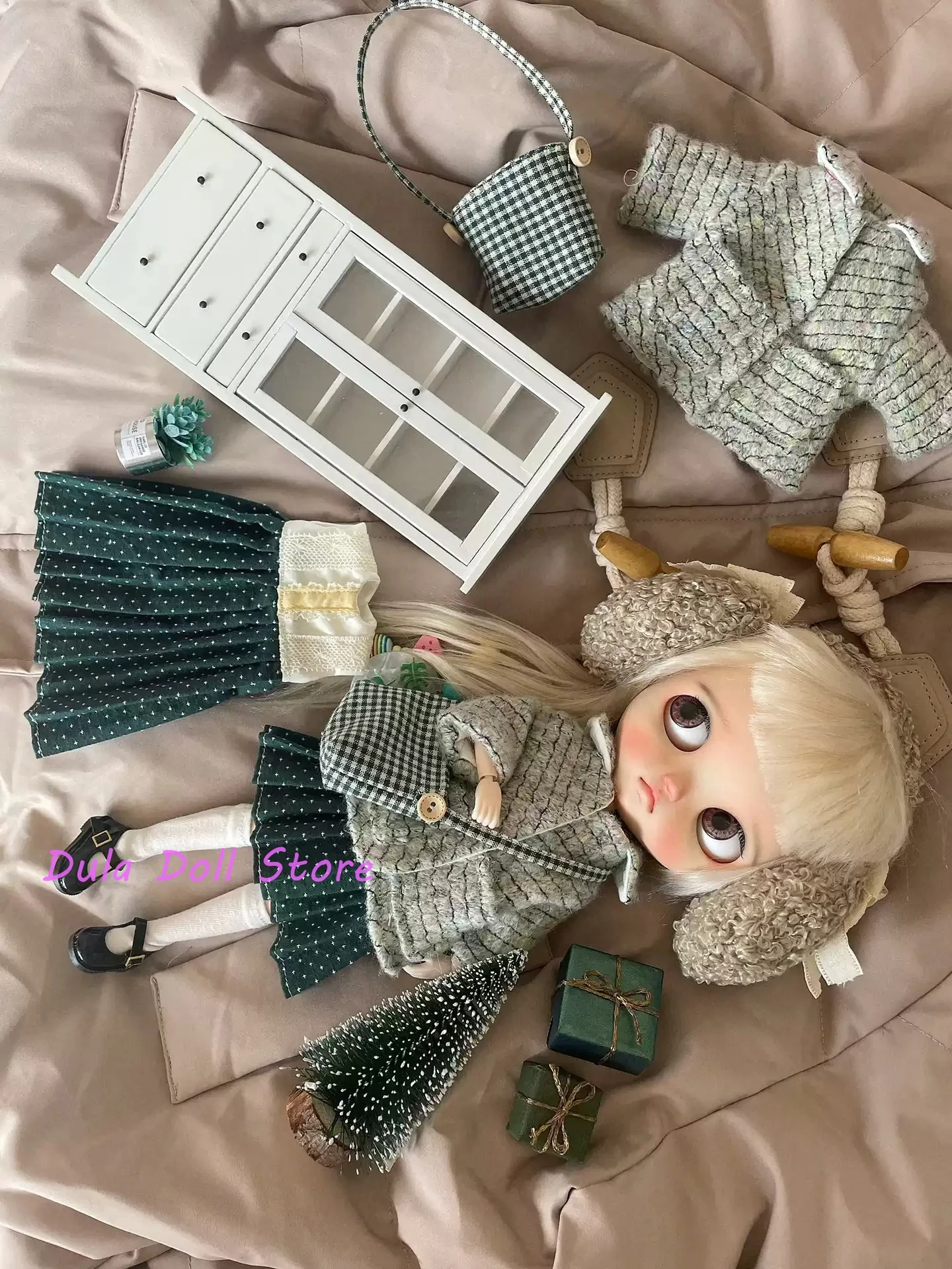 Dula Doll Clothes Dress Green pleated skirt plush jacket Blythe ob24 ob22 Azone Licca ICY JerryB 1/6 Bjd Doll Accessories