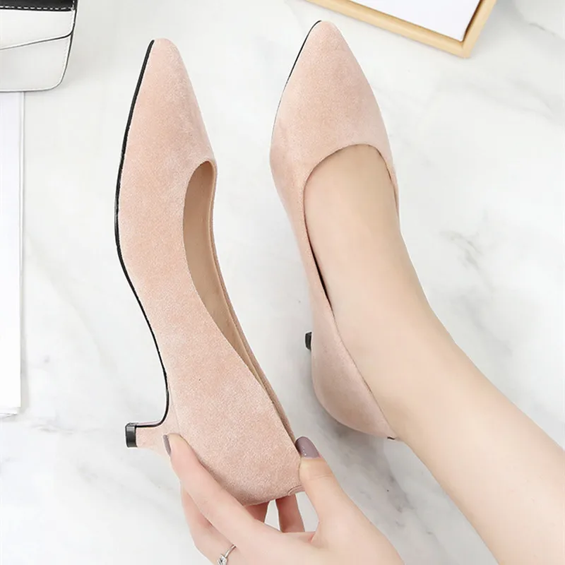 Women Spike Heels Kid Suede Tacons Null Flock Shoes Red Pinkish Cute Pointy Toe Elegant Pumps For OL 34-43 26cm Low Cutter Mujer