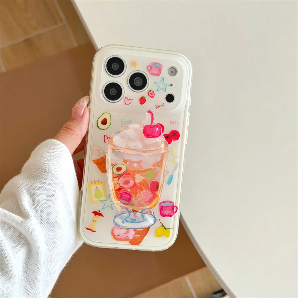 Kawaii Doodle Food Fruit Sticker Phone Case For iPhone 15 16 17 ProMax Clear Shockproof Cartoon Anti‑Drop Hard Cover For Women