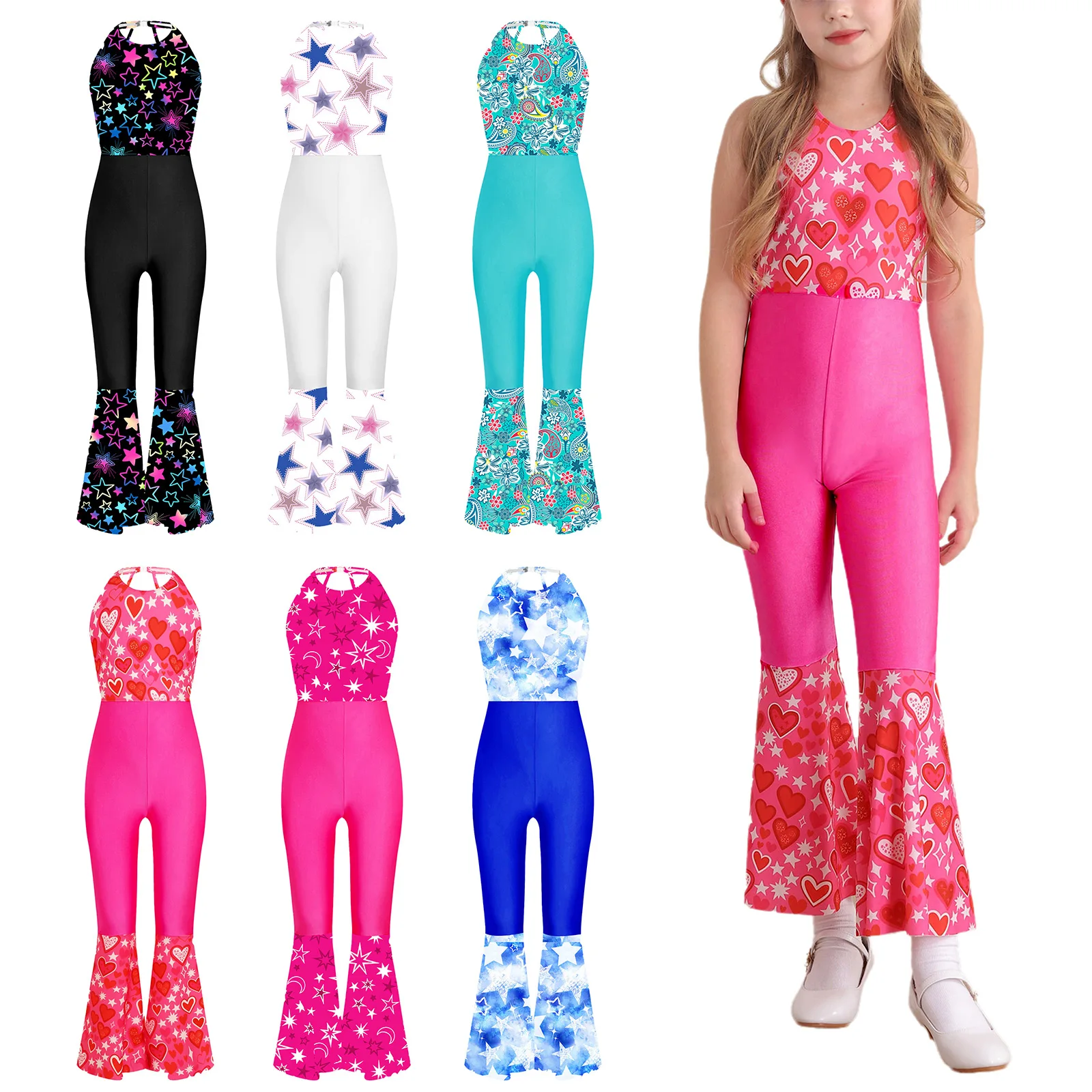 Kid Girls 70s Disco Dance Cosplay Costume Halloween Jumpsuit Sleeveless Open Back High Waist Bell Bottom Pants Bodysuit Dress Up