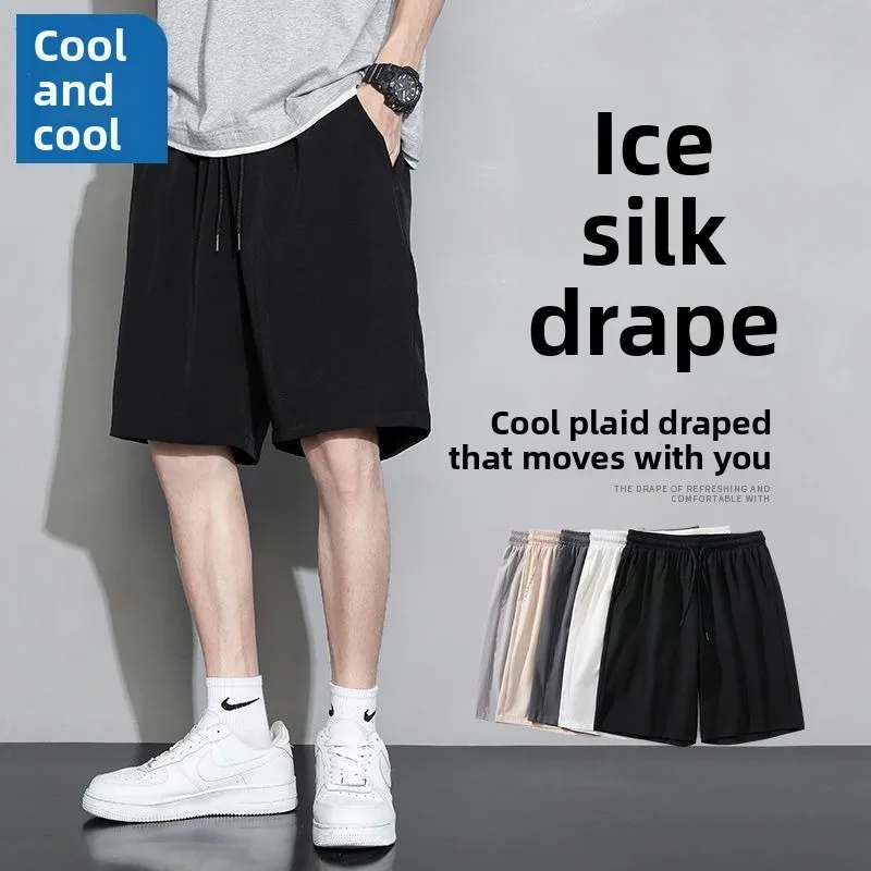 

Qui Dry Breathable Ice Silk orts Thin Elastic Five-Point Sports Loose Fit Casual Pants for Men in Bla Color Summer Wear