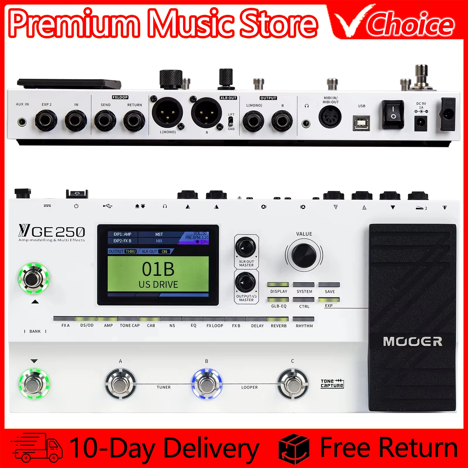 MOOER Multi-Effects Processor Pedal Guitar AMP Modelling GE250 70s Looper with PRE/POST Mode 70 AMP Models 180 Effect Types