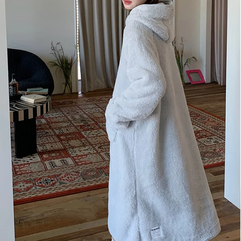 Flannel Long Sleeve Hooded Robe Thick Warm Coral Fleece Sleepwear Kimono Gown Nightwear Women Elegant Casula Button Home Clothes