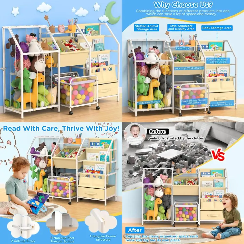 

Kids Bookshelf and Toy Storage, 3 Tier Sling Montessori Bookcase with Toy Organizer & Stuffed Animal Storage, Children Baby Todd