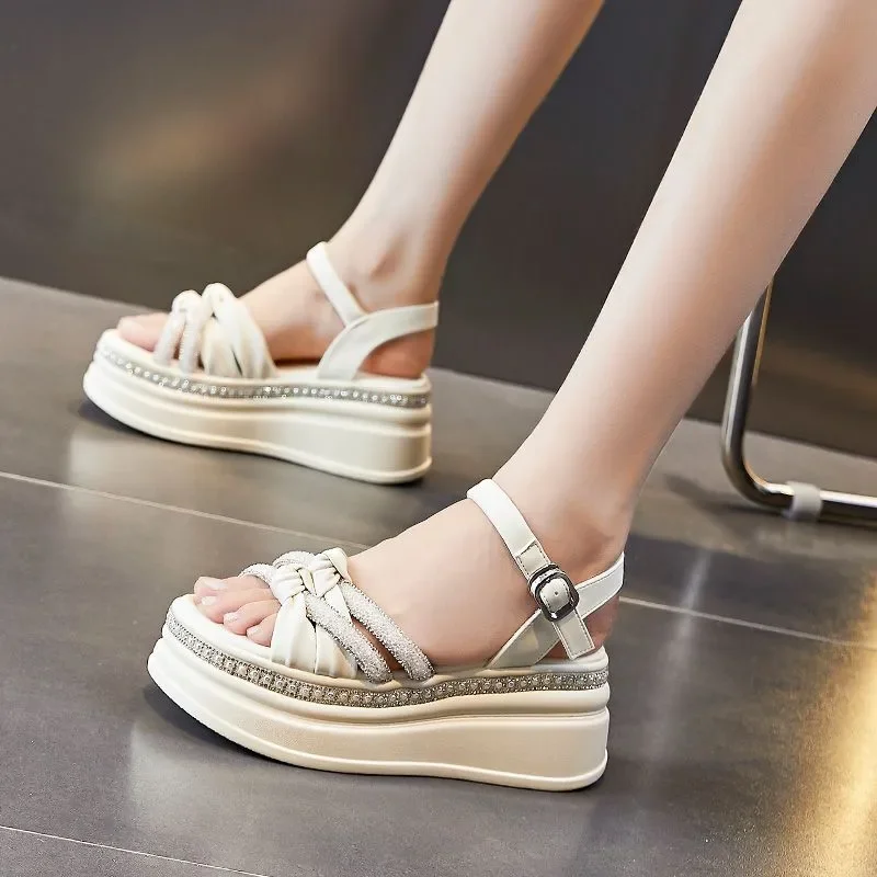 Fashion Womens Sandals 7CM Rhinestone Summer Bling Slippers Luxury Platform Wedge Flats Leisure Sandals Elegance Women Shoes