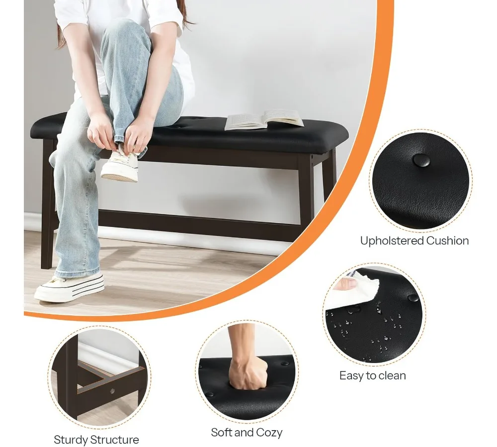 مقعد طعام من الخيزران مع مقعد من جلد البولي يوريثان، أثاث مدخل غرفة المعيشة متعدد الوظائف للمطبخ، بني وأسود