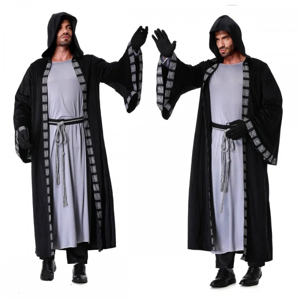 

loween Men's k Wizard Costume Mystical Magic Robe Medieval Devil Wizard Hooded Cloak Stage Performance Ethnic Wear