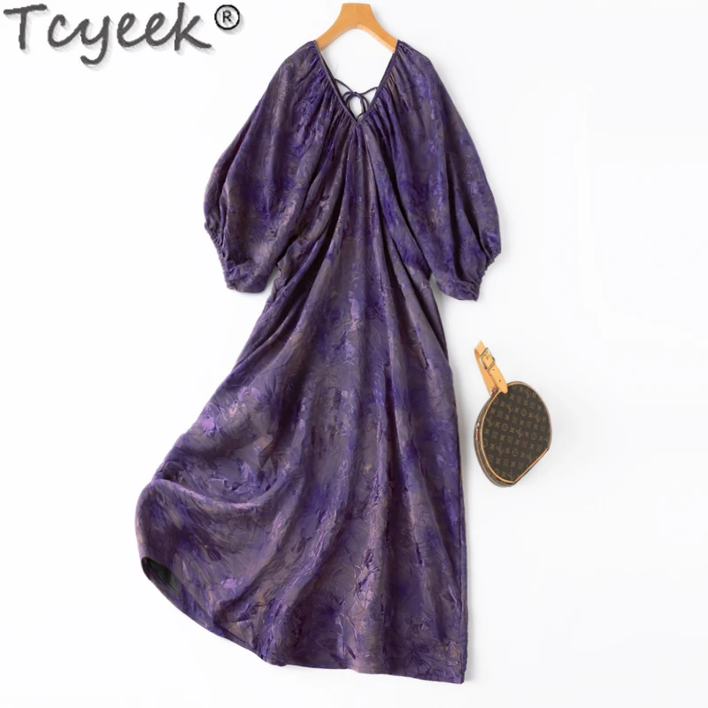 Tcyeek 100% Mulberry Silk Dress Spring Summer Dress High-end V-neck Dresses Womens Clothing Elegant Maxi Dresses for Women 2024