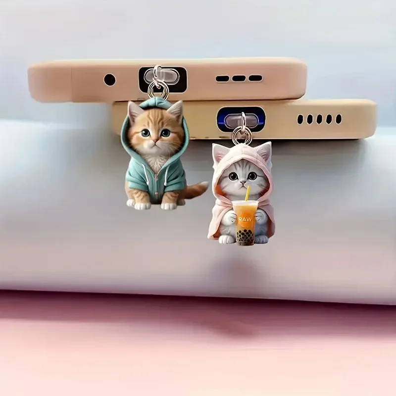 Acessório de Decoração para Celular: Mini Pingente de Gato e Cachorro em Estilo Cartoon, Protetor de Poeira para Interface Tipo-C, Compatível com iPhone