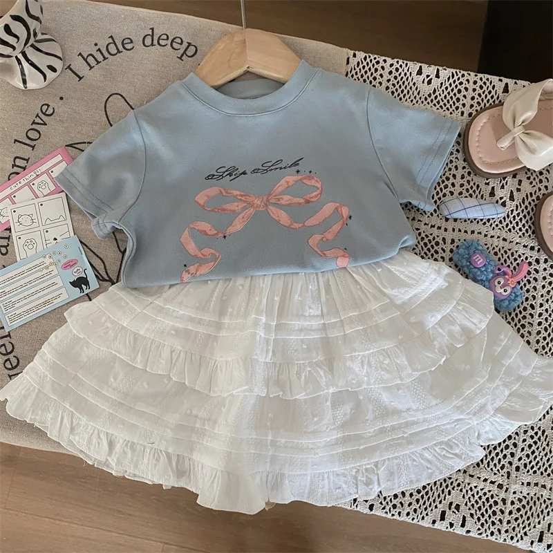 

Girl Clothes Suit Korean Style Children 2024 New Summer Girls Printed Bow Short Sleeve T-shirt Lace Half Skirt Two-piece Set