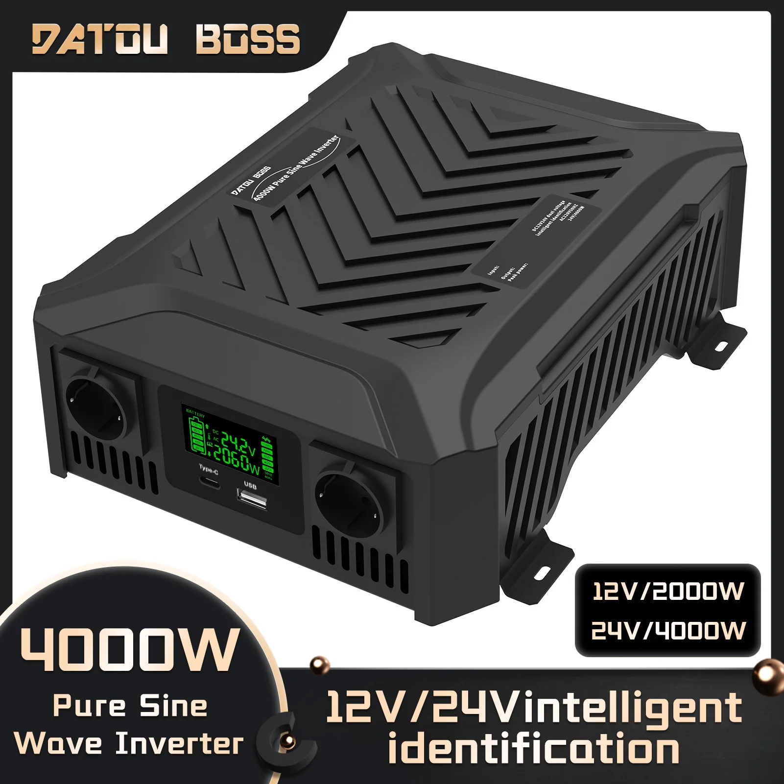 DATOUBOSS Portable 2300W Dual Voltage Inverter DC 12V–24V Auto-Switching Pure Sine Wave Inverter for RV & Off-Grid Solar Syste