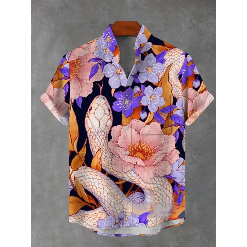 Dreamy Flower Tree Graphic Beach Shirt for Men Cool Snake 3D Printed Hawaiian Shirts Summer Vacation Loose Short Sleeve Blouse