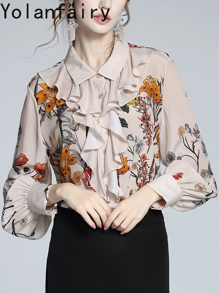 YOLANFAIRY 100% véritable mûrier soie à manches longues chemises femme automne haut à volants léger luxe chemises florales femme hauts à la mode