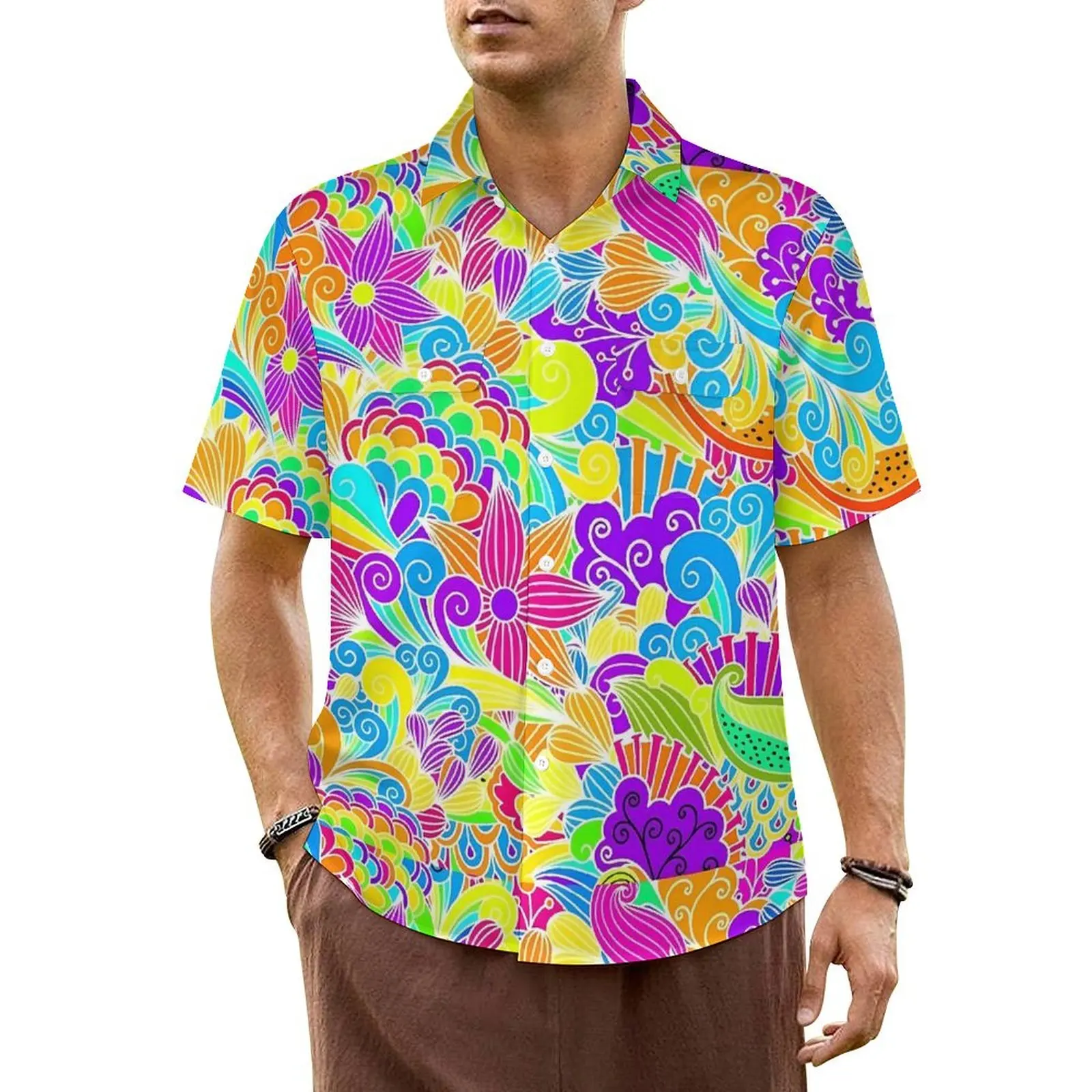 Retro Flower Beach Shirt Hippie Design Print Hawaiian Casual Shirts Man Elegant Blouses Short-Sleeve Y2K Fashion Design Clothing