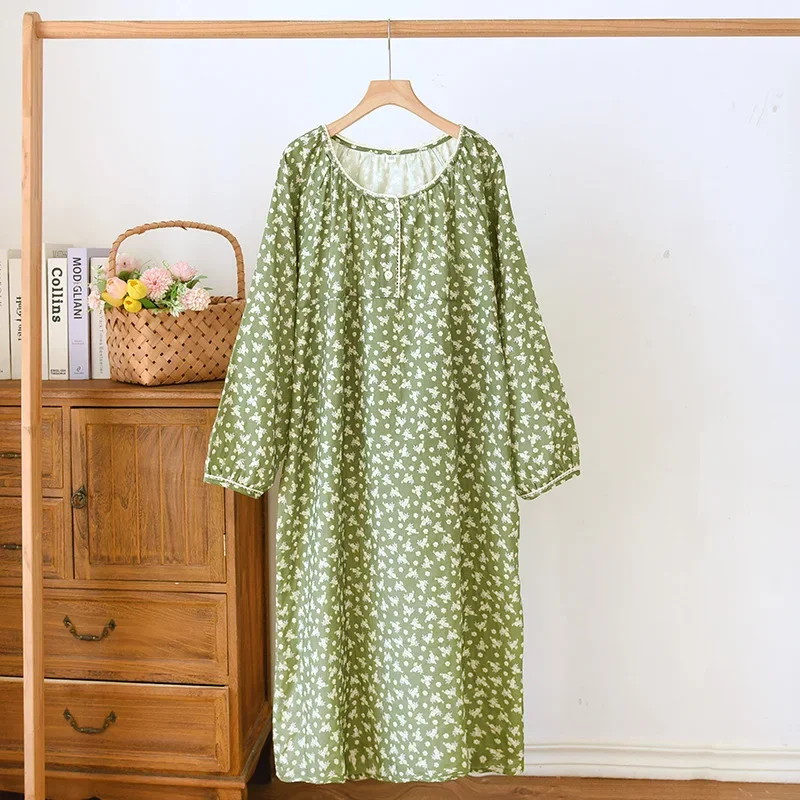 2026 New Spring/Summer Women's Sleeping Skirt Cotton Gauze Long Sleeve Loose Round Neck Floral Medium Length Home Dress Ladies