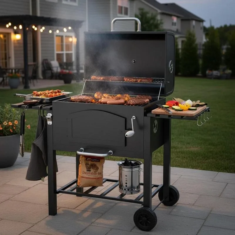 Barbecue à charbon noir 124x66x112cm avec compartiment à charbon réglable, étagères latérales, équipement de cuisson extérieur pour jardin, patio, pique-nique, cadeau pour les amateurs de grillades