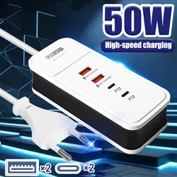 50W Multiple Port Fast Charger Adapter QC3.0 4Ports Wall Charging for Xiaomi Samsung Mobile Phone Socket Charger 2 USB 2 Type-c