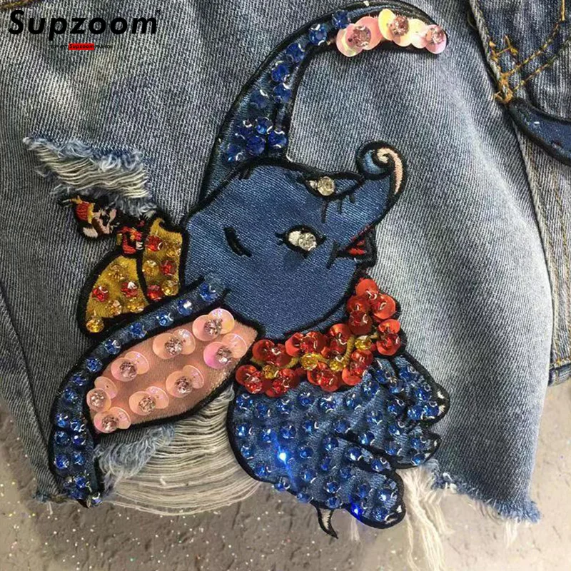 Disney New Arrival Top Fashion Cotton Women Embroidery Beading Dumbo Female Summer Big Irregular Flash High Waist Short