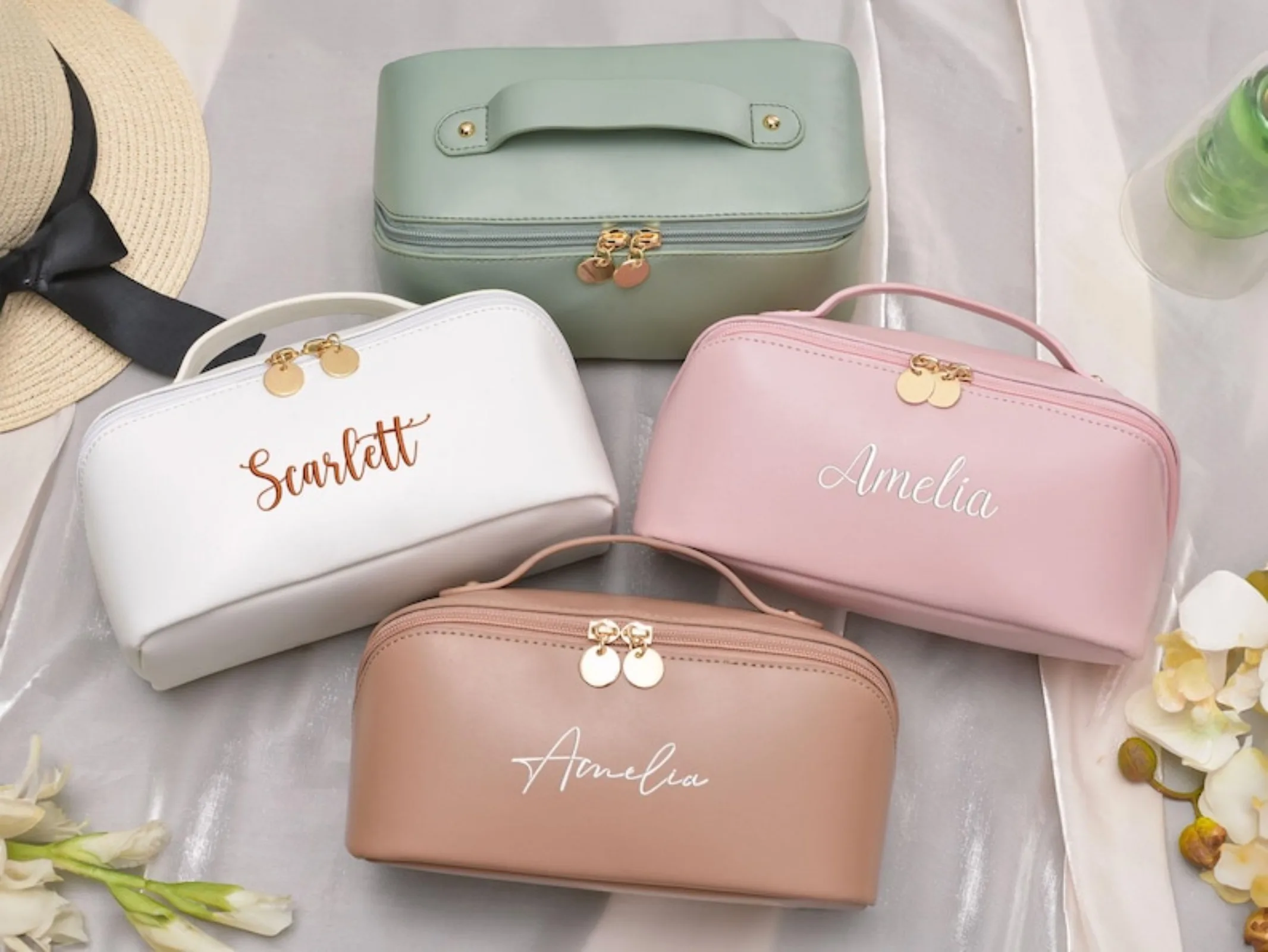 

Personalized Leather Embroidered Makeup Bag, Bridesmaid Cosmetic Bag,Christmas Gift Women, Bridesmaid Gift