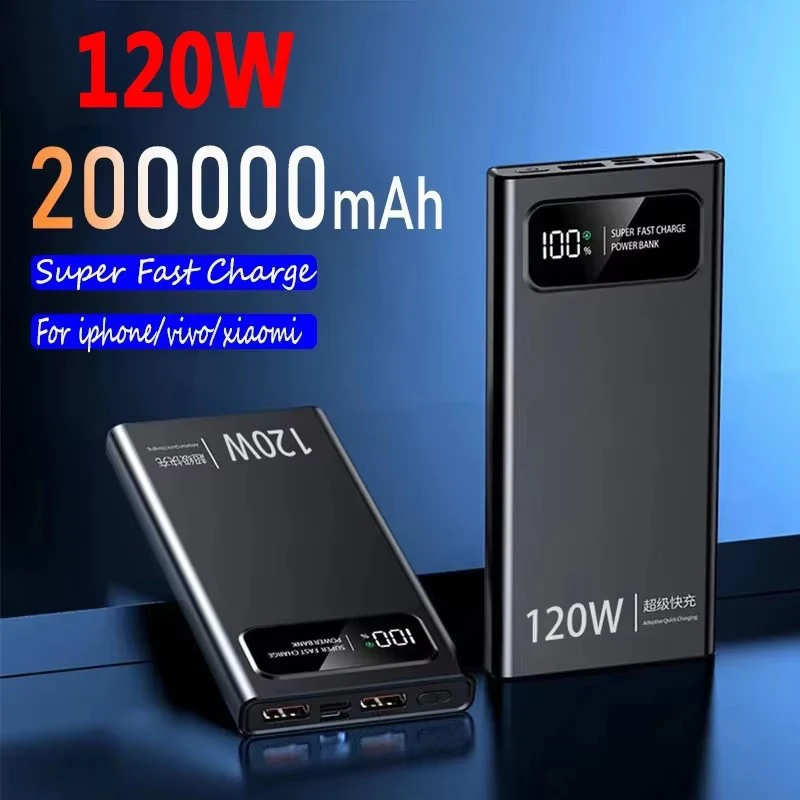 200000 mAh 120W Power Bank Super szybkie ładowanie Bateria o dużej pojemności z cyfrowym wyświetlaczem Power Bank dla iPhone Xiaomi Huawei