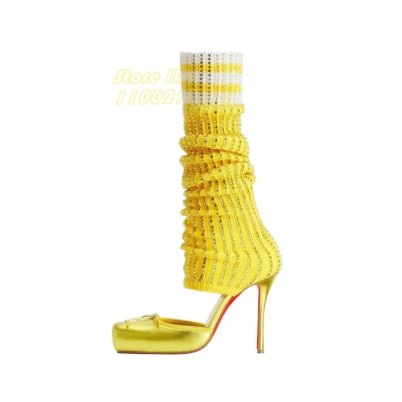 Square-toe Rhinestone Knit Sock Boots Thin High Heels Bow Ballet Shoes Satin Slip On Runway 2026 Summer Autumn Women Dress Shoes