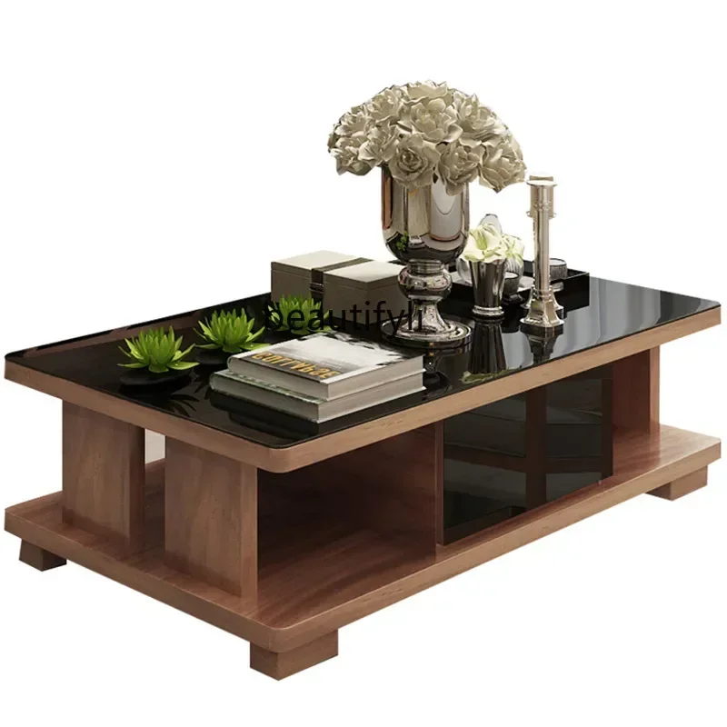 

LXCoffee table solid wood granular walnut wood grain color black tempered glass sofa living roomSSS