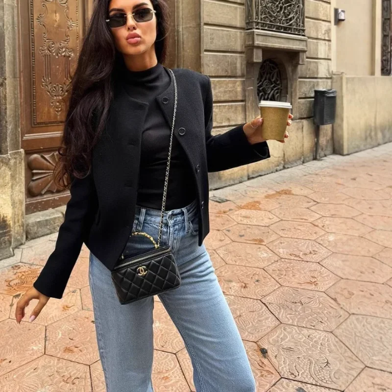 

Cropped Jacket with Golden Buttons for Women, O Neck, Long Sleeve, Female Outerwear, Chic Tops, Fashion