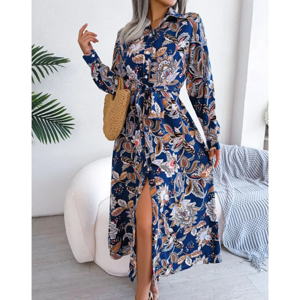 Vestido bohemio primavera y otoño nuevo elegante Retro estampado de flores botón manga larga con cordones solapa maxi vestido camisero bata de mujer