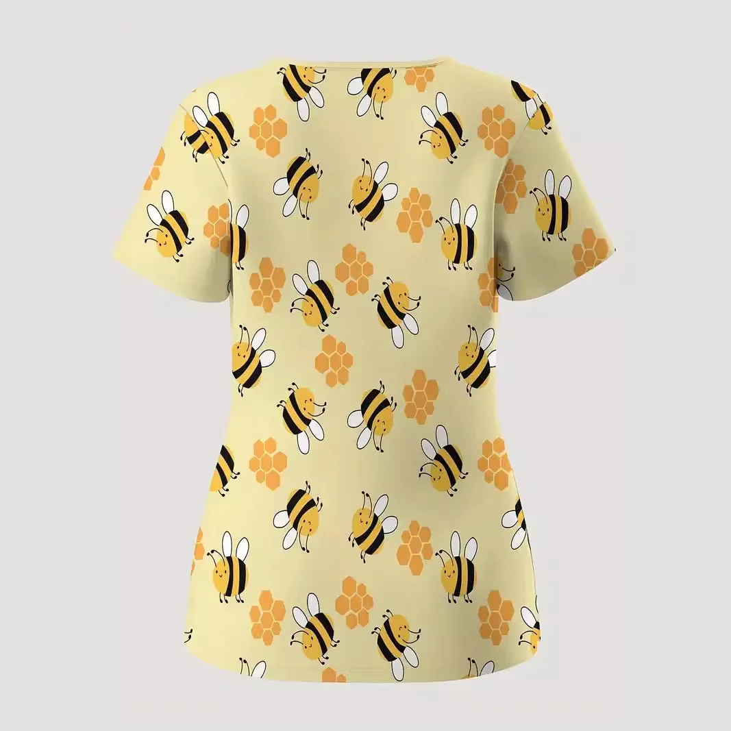 Yellow cute little bee 3D printed trendy nurse work uniform V-neck slim fit short sleeved T-shirt top duty nurse uniform