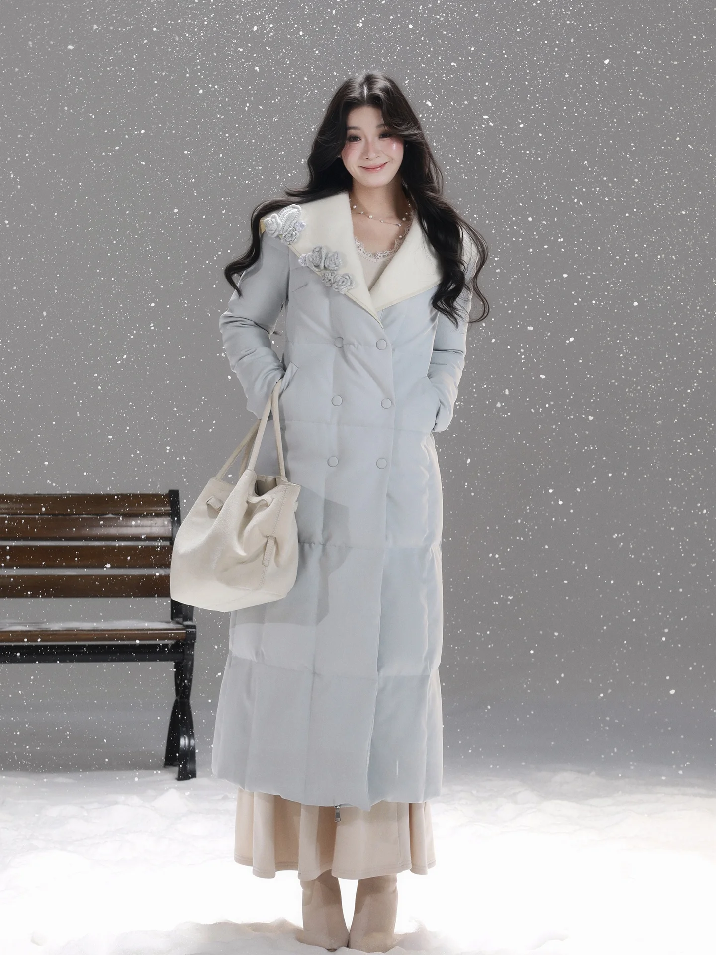 

Ele Long Handmade Floral down Jaet Wool Collar Du Feather Warm Thiened Winter Women's Faion High Quali Coat