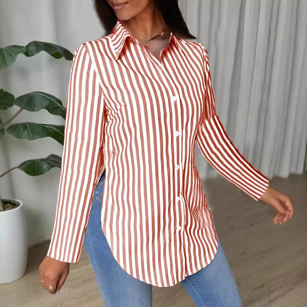 Women's Collar Striped Printed Button Long Sleeved Shirt for Autumn 2024