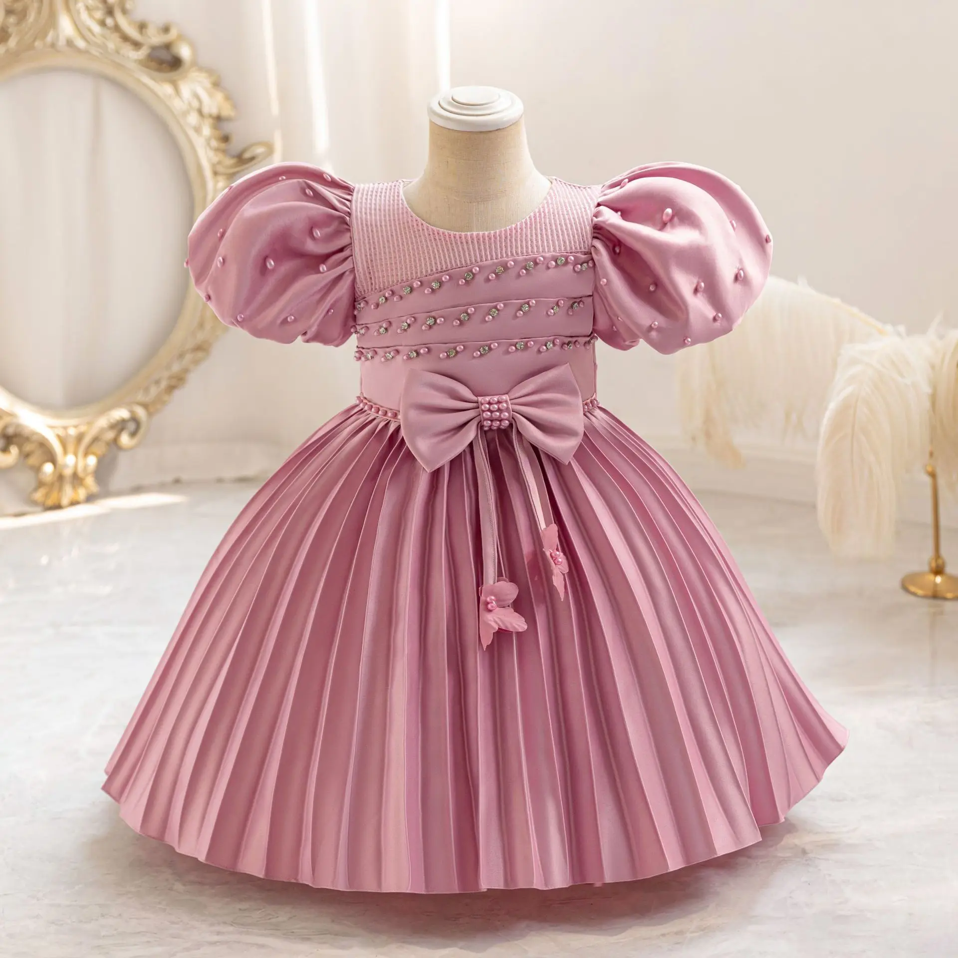 HETISO Kids Dresses For Girls Beading Autumn Clothes Child Satin Party Princess Formal Bridesmaid Pageant Ball Gown 3-10 Years