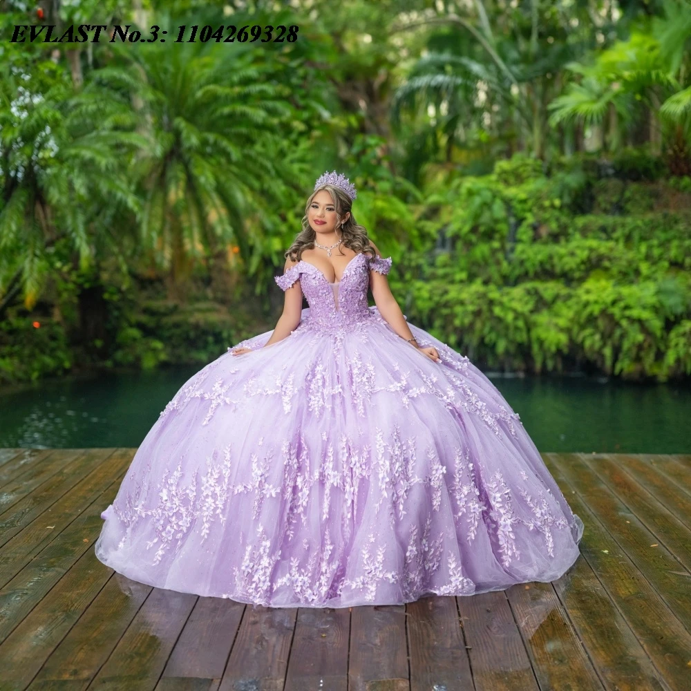 

EVLAST индивидуальное блестящее сиреневое платье Quinceanera, бальное платье, кружевная аппликация, корсет с бисером, Sweet 16, Vestidos De 15 Anos E3Q790