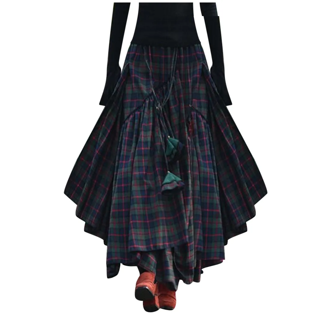 Women Loose Plaid Print Fringe Irregular Design Elastic Waist Long Skirt Fashion Chic Retro Streetwear High Waist Long Skirts