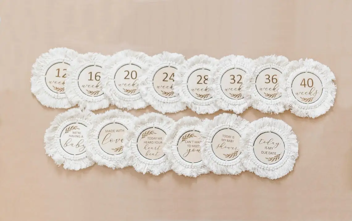 

set of 14pcs Boho Pregnancy Milestone Discs Wooden Engraved milestone cards